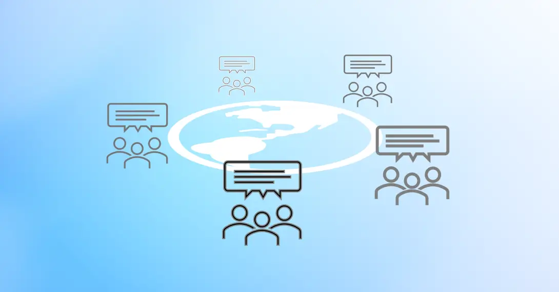 A graphic showing groups of people chatting together, arrayed around the world globe